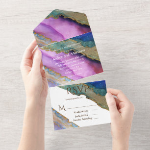 Purple Blue Green Alcohol Ink Wedding  All In One Invitation