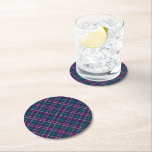 Purple, Blue & Green Plaid Round Paper Coaster