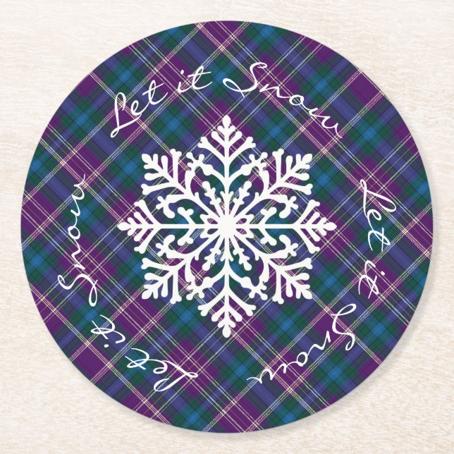 Purple, Blue & Green Plaid Snowflake Round Paper Coaster (Front)