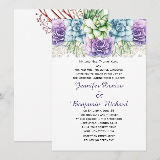 Purple Blue Green Watercolor Succulents Invitation (Front/Back)