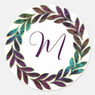 Purple Blue Green Wreath Design Monogram Initial Classic Round Sticker