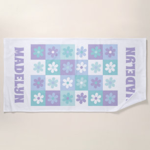 Purple Blue Groovy Daisy Chequerboard Beach Towel