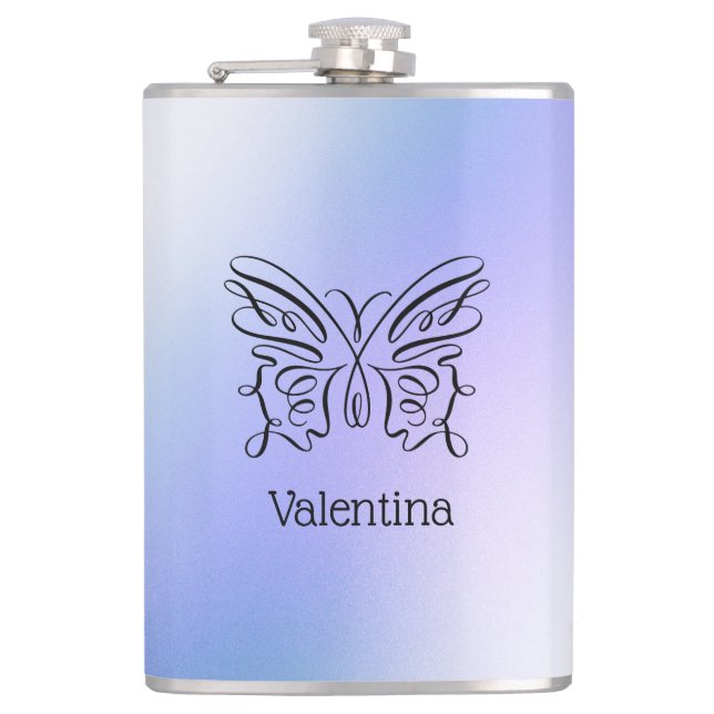 Purple Blue Holographic Butterfly Monogram Name   Hip Flask (Front)