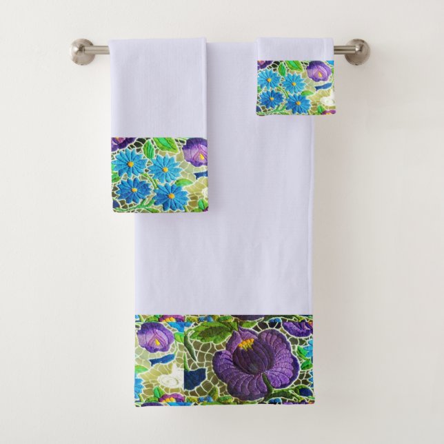 Purple -blue Hungarian embroidery look Bath Towel Set (Insitu)