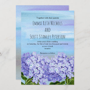 Purple, blue hydrangeas watercolor floral wedding invitation