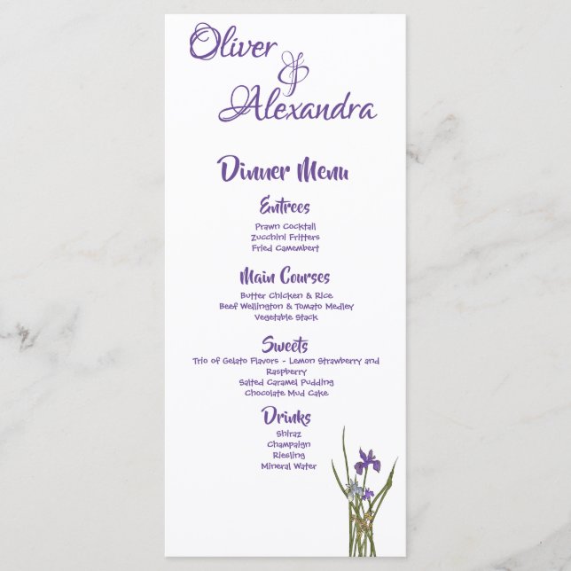 Purple & Blue Iris Watercolor  Menu (Front)