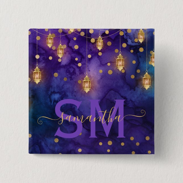 Purple & Blue Lantern Glow Monogram 2 Inch Square Button (Front)
