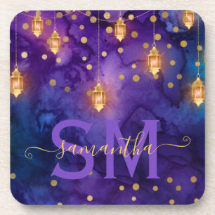 Purple & Blue Lantern Glow Monogram Coaster