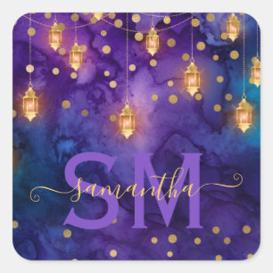 Purple & Blue Lantern Glow Monogram Square Sticker