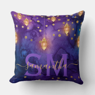 Purple & Blue Lantern Glow Monogram Throw Pillow