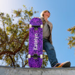 Purple blue leaf pattern foliage bold custom name skateboard<br><div class="desc">Spread some flair on your city streets with this personalized, custom name skateboard. Modern, trendy, white distressed, edgy typography overlays a purple, pink and blue ombre leaf foliage damask pattern on a rich, deep purple textured background. Makes a cool and stylish statement every time you surf the pavement. A great...</div>