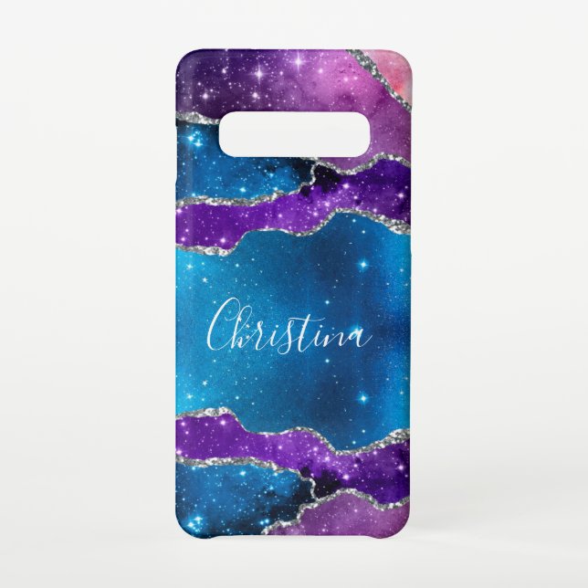 Purple, Blue Marbled Galaxy Agate & Silver Glitter Samsung Galaxy Case (Back)