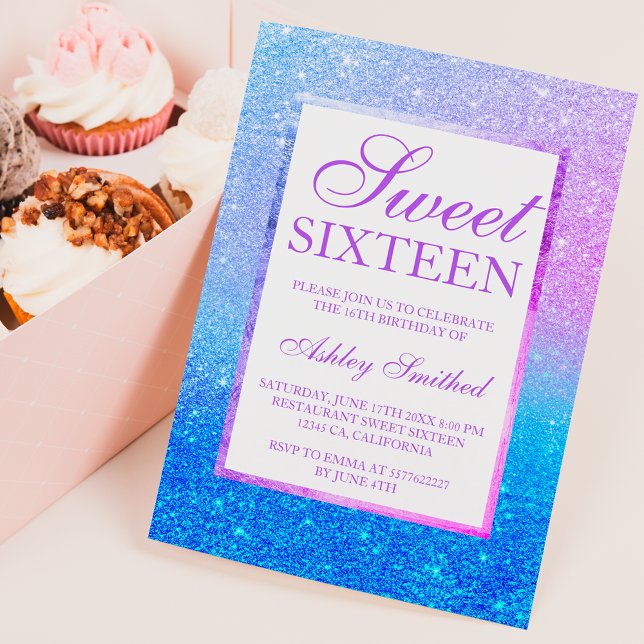 Purple blue mermaid glitter blue teal Sweet 16 Invitation (Creator Uploaded)