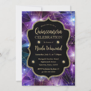 Purple & Blue Midnight Crystal Galaxy Quinceanera Invitation