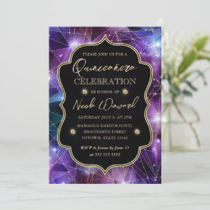 Purple & Blue Midnight Crystal Galaxy Quinceanera Invitation