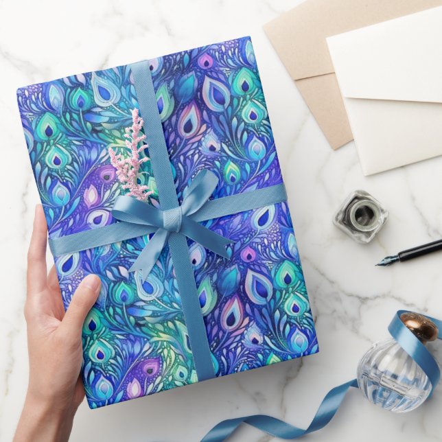 Purple Blue Mint Peacock Feathers Wrapping Paper (Gifting)