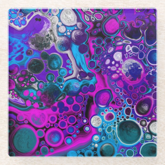 Purple, Blue Modern Abstract Fluid Art Marble Cell Glass Coaster (Front)