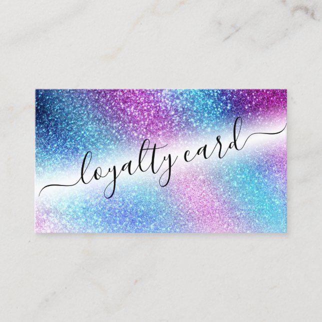 Purple Blue Nebula Galaxy Glitter Script Loyalty Card (Front)