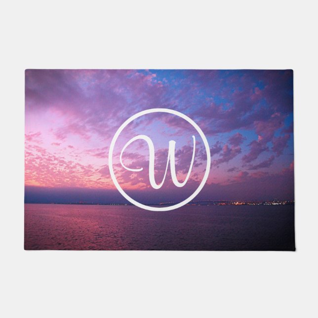 Purple blue ocean sunset photo custom monogram doormat (Front)