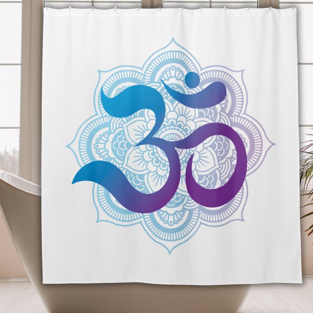 Purple & Blue Om Symbol Mandala Flower White (Tranquil Blue & Purple Om Mandala White Shower Curtain - Mindful Peaceful Decor)