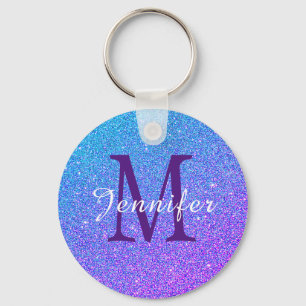 Purple Blue Ombre Glitter Sparkles Monogram Name Keychain