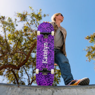 Purple blue ombre leaf pattern foliage damask name skateboard