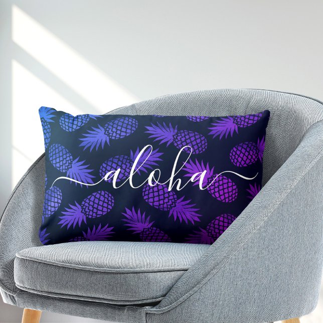 Purple Blue Ombre Pineapple Pattern Aloha Script  Lumbar Pillow (Choose from 7 different colors!)