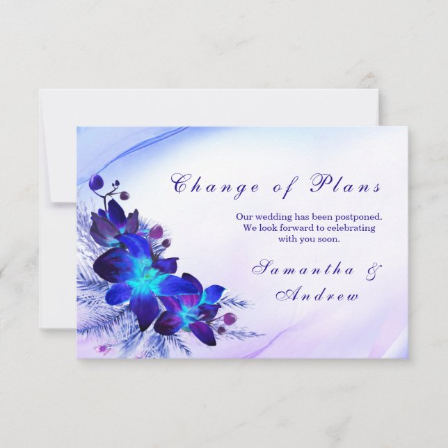 Purple Blue Orchid Wedding Change the Date Card (Front)