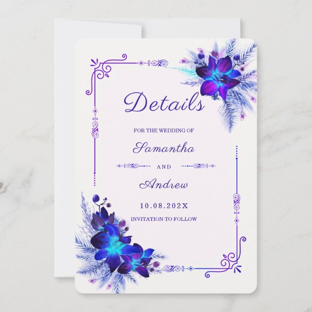 Purple Blue Orchid Wedding Details Invitation (Front)