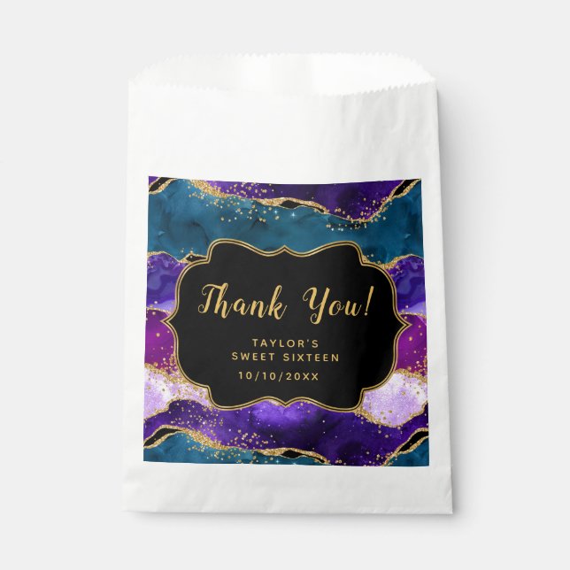 Purple Blue Peacock Agate Sweet Sixteen Thank You Favour Bag (Front)