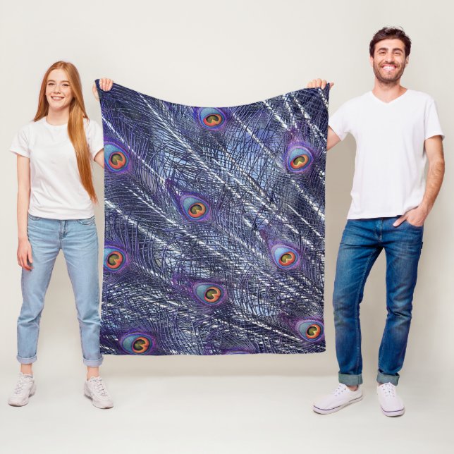 Purple Blue Peacock Feathers Fleece Blanket (In Situ)