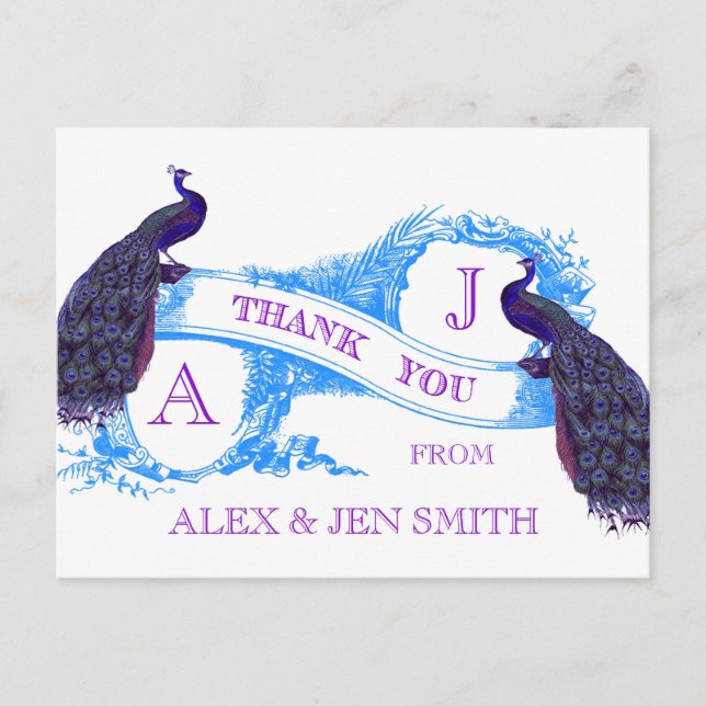 Purple, Blue Peacock Wedding Thank You Postcard (Front)