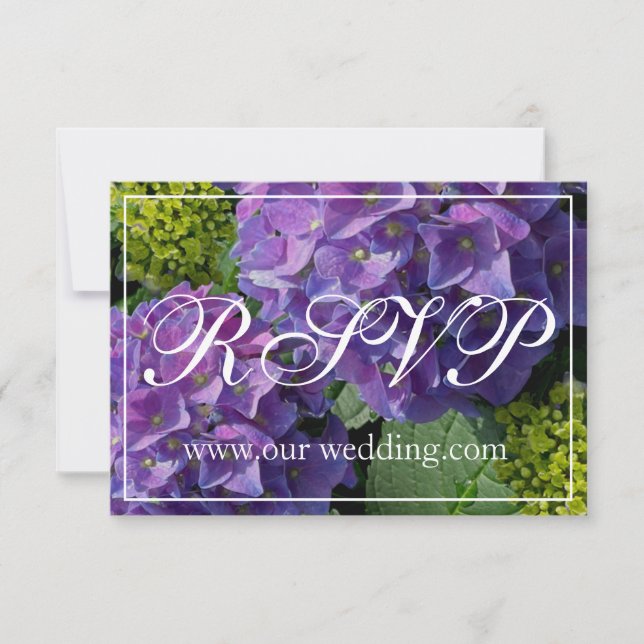 Purple blue periwinkle hydrangeas rsvp save the date (Front)
