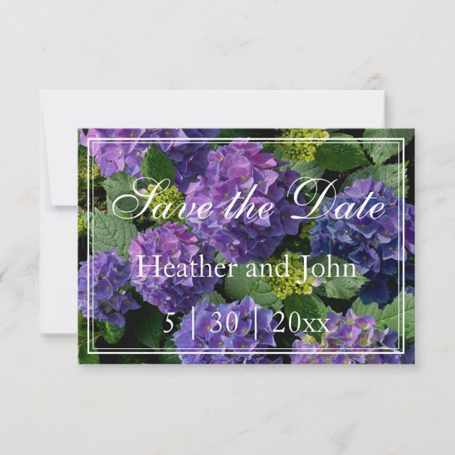 Purple blue periwinkle  hydrangeas  sav save the date (Front)