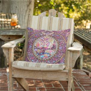 Purple Blue Persian Floral Flowers Peacock Patio  Outdoor Pillow