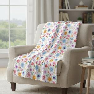 Purple Blue Pink Boho Wildflower Fleece Blanket