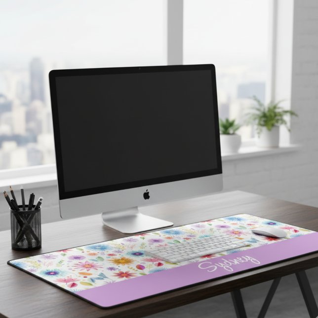Purple Blue Pink Boho Wildflower Personalized  Desk Mat (Creator Uploaded)