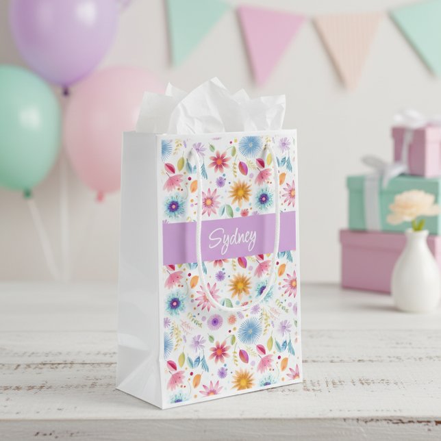 Purple Blue Pink Boho Wildflower Personalized  Small Gift Bag (Creator Uploaded)