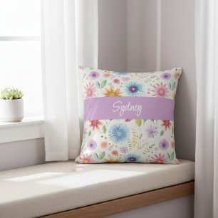 Purple Blue Pink Boho Wildflower Personalized Throw Pillow