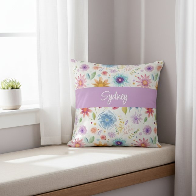 Purple Blue Pink Boho Wildflower Personalized  Throw Pillow (Creator Uploaded)