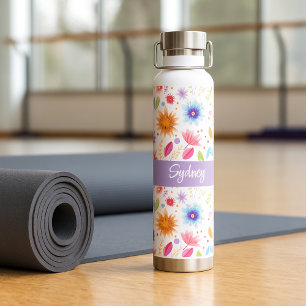 Purple Blue Pink Boho Wildflower Personalized Water Bottle