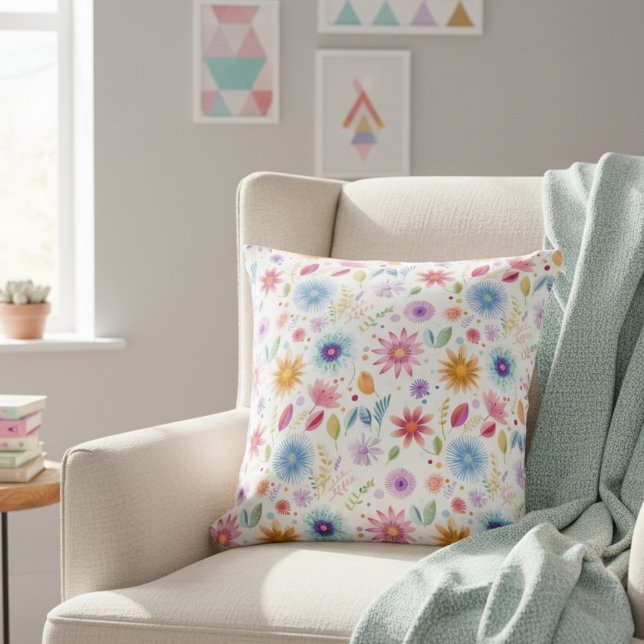 Purple Blue Pink Boho Wildflower Throw Pillow (Creator Uploaded)