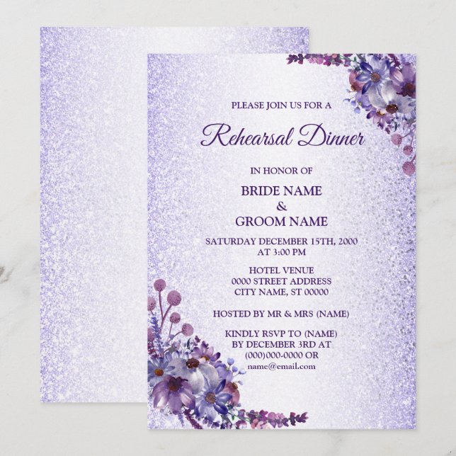 Purple Blue Pink Floral Glitter Rehearsal Dinner Invitation (Front/Back)