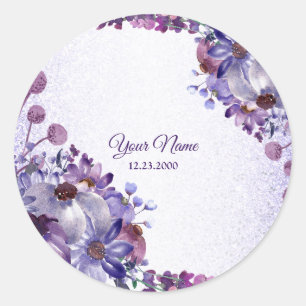Purple Blue Pink Floral Glitter Wedding Party Classic Round Sticker
