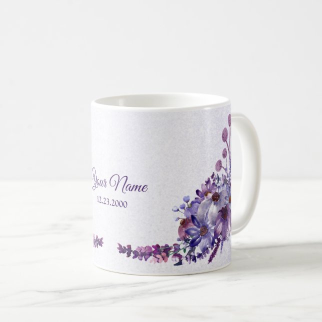 Purple Blue Pink Floral Glitter Wedding Party Coffee Mug (Front Right)