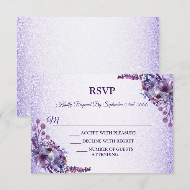 Purple Blue Pink Floral Glitter Wedding Party RSVP Card (Front/Back)