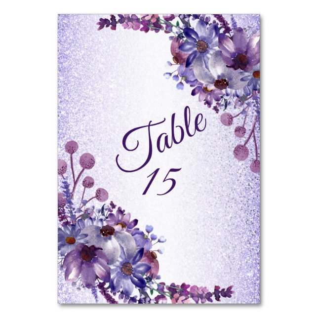 Purple Blue Pink Floral Glitter Wedding Party Table Number (Front)