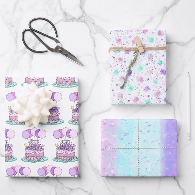 Purple, Blue, Pink Happy Birthday Wrapping Paper Sheet (Front)
