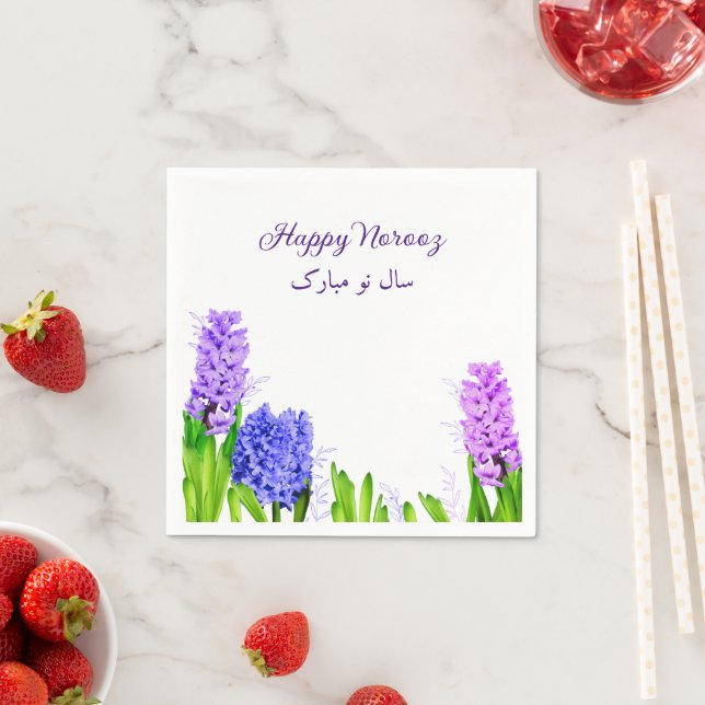 Purple Blue Pink Hyacinth Flowers Happy Norooz Napkin (Insitu)