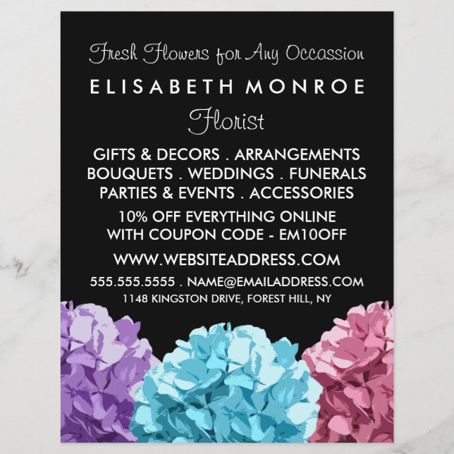 Purple, Blue & Pink Hydrangea, Floristry Flyer (Front)